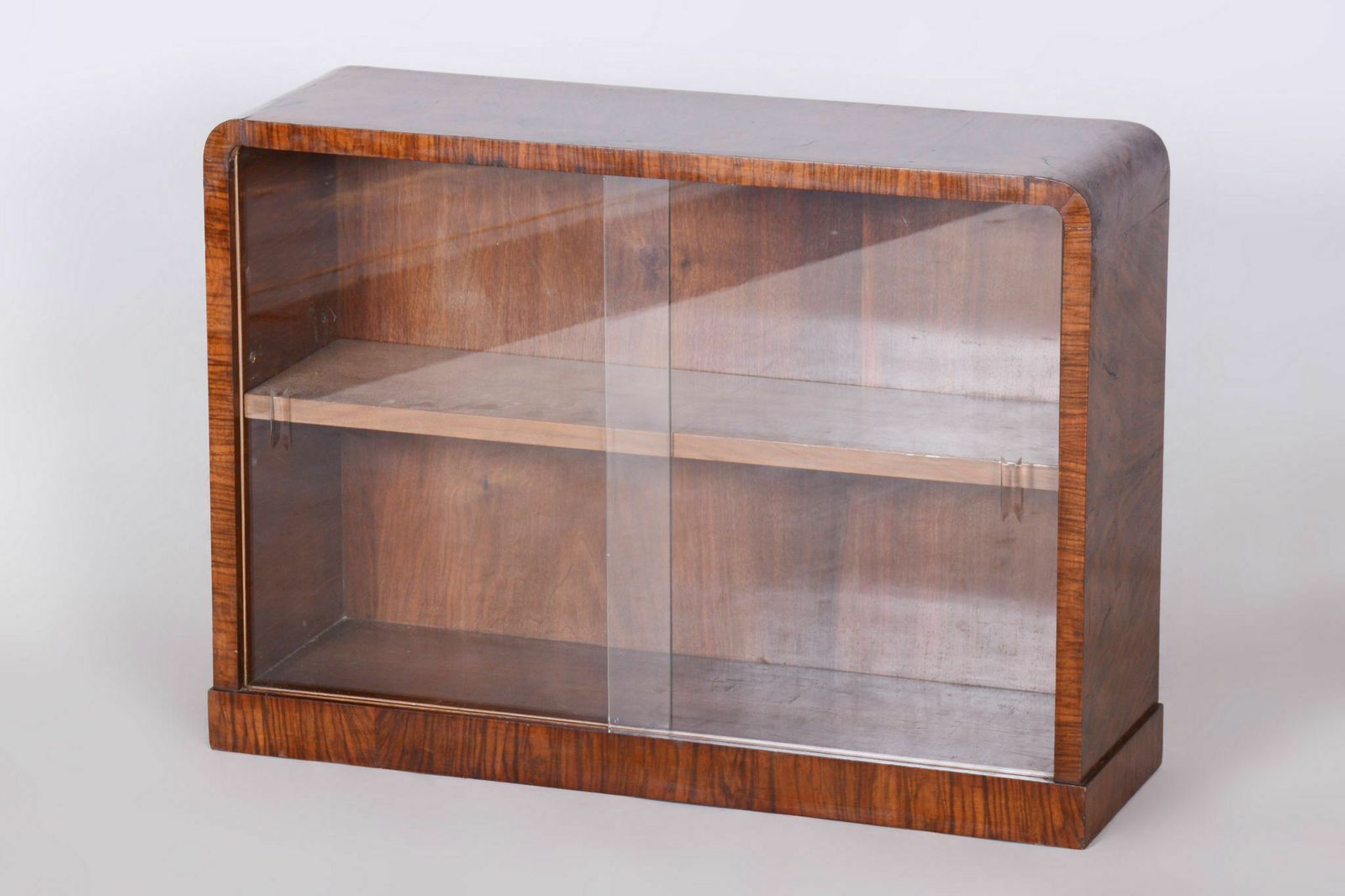 Small Restored Art Deco Display Bookcase, Walnut And Glass, Czech, 1930s