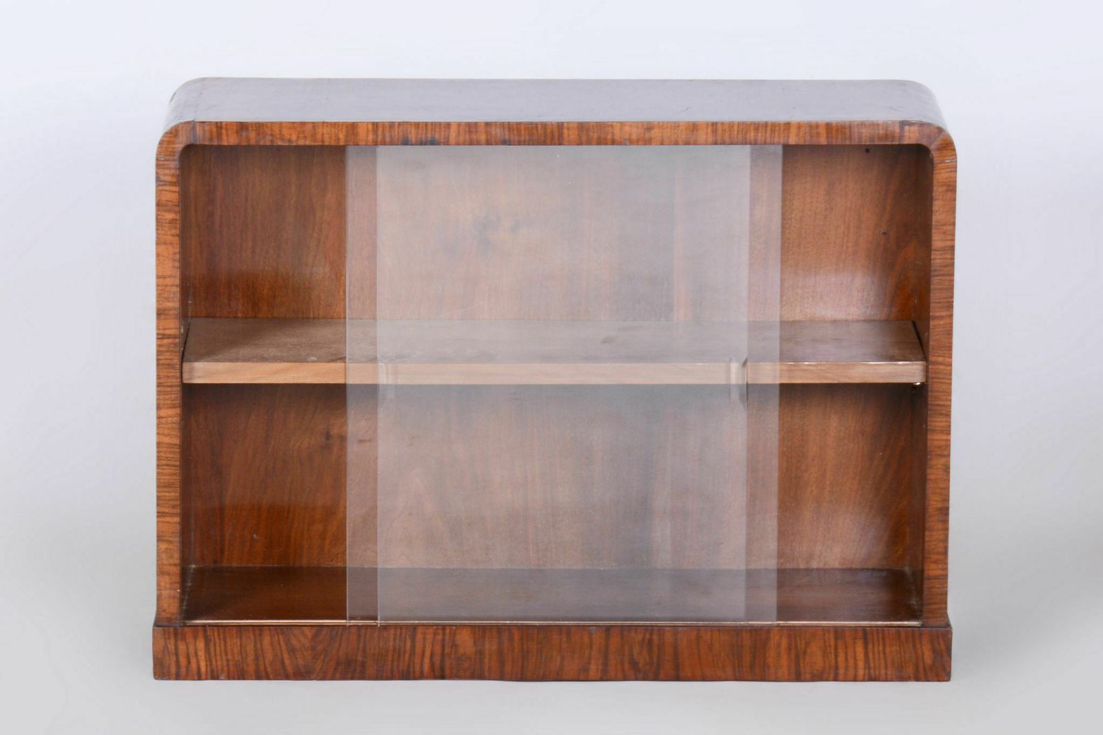 Small Restored Art Deco Display Bookcase, Walnut And Glass, Czech, 1930s photo vintage