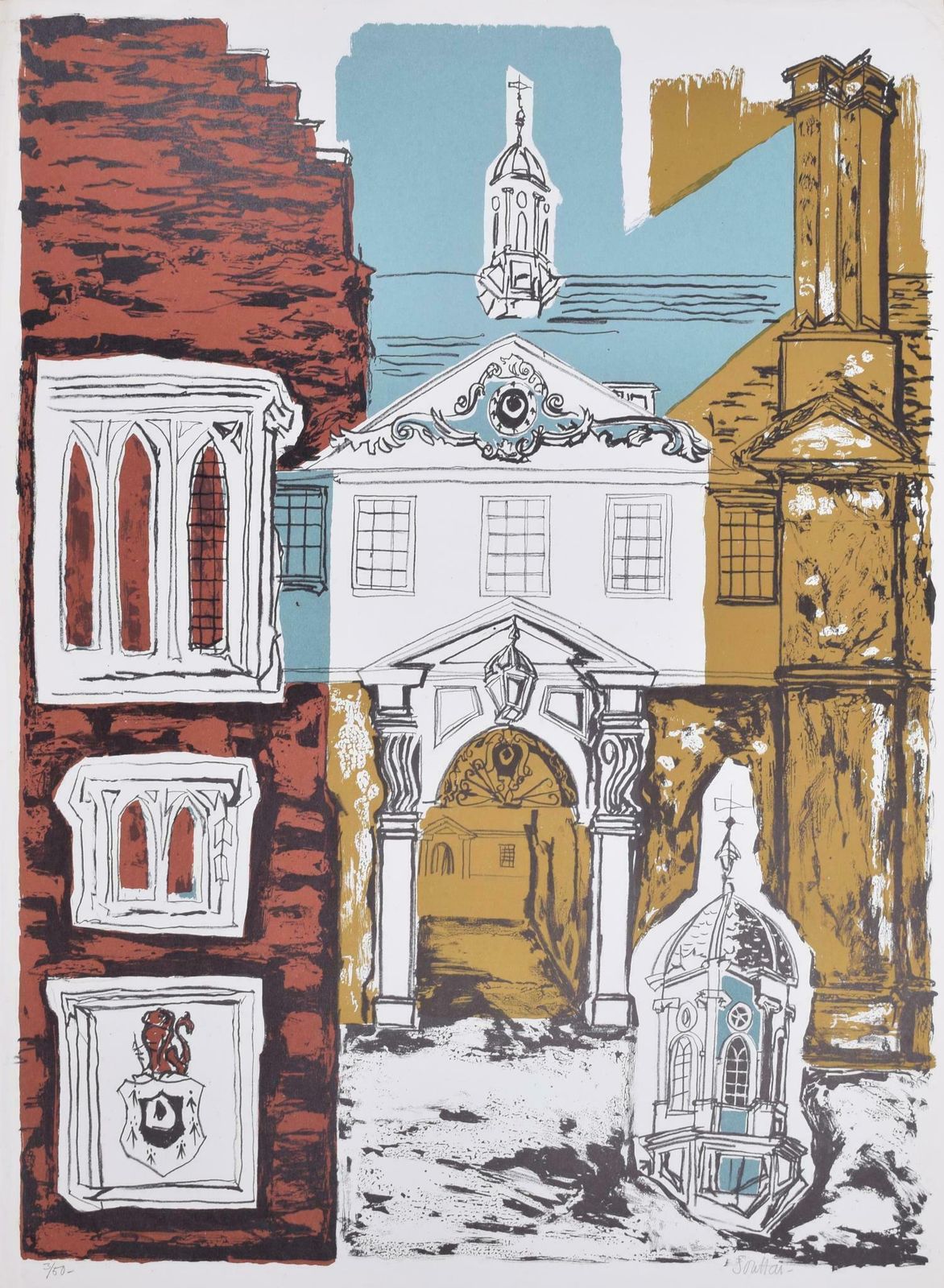 Margaret Souttar Trinity Hall, Cambridge With Blue Sky Lithograph By Margaret Souttar 1960s