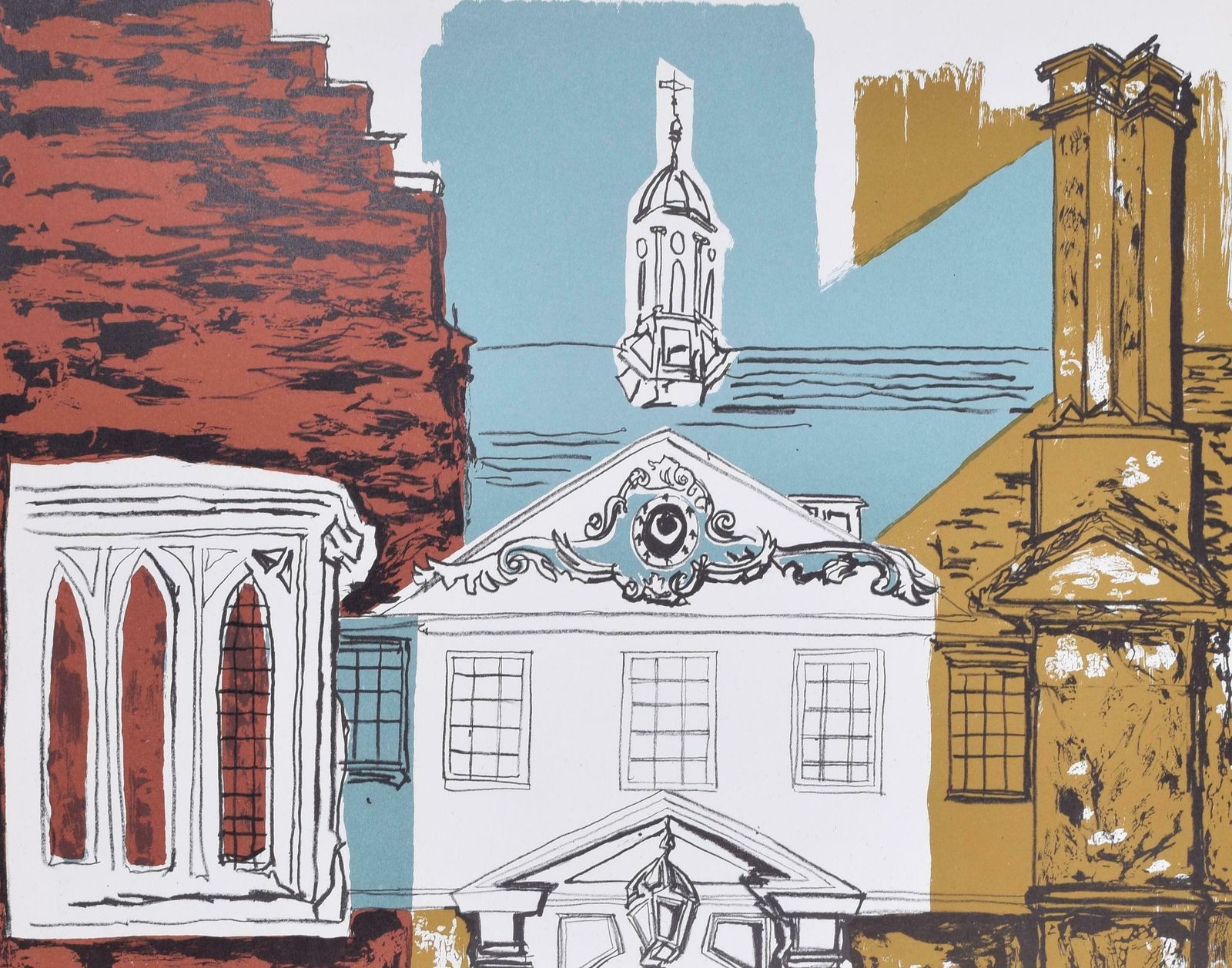 Margaret Souttar Trinity Hall, Cambridge With Blue Sky Lithograph By Margaret Souttar 1960s photo Art