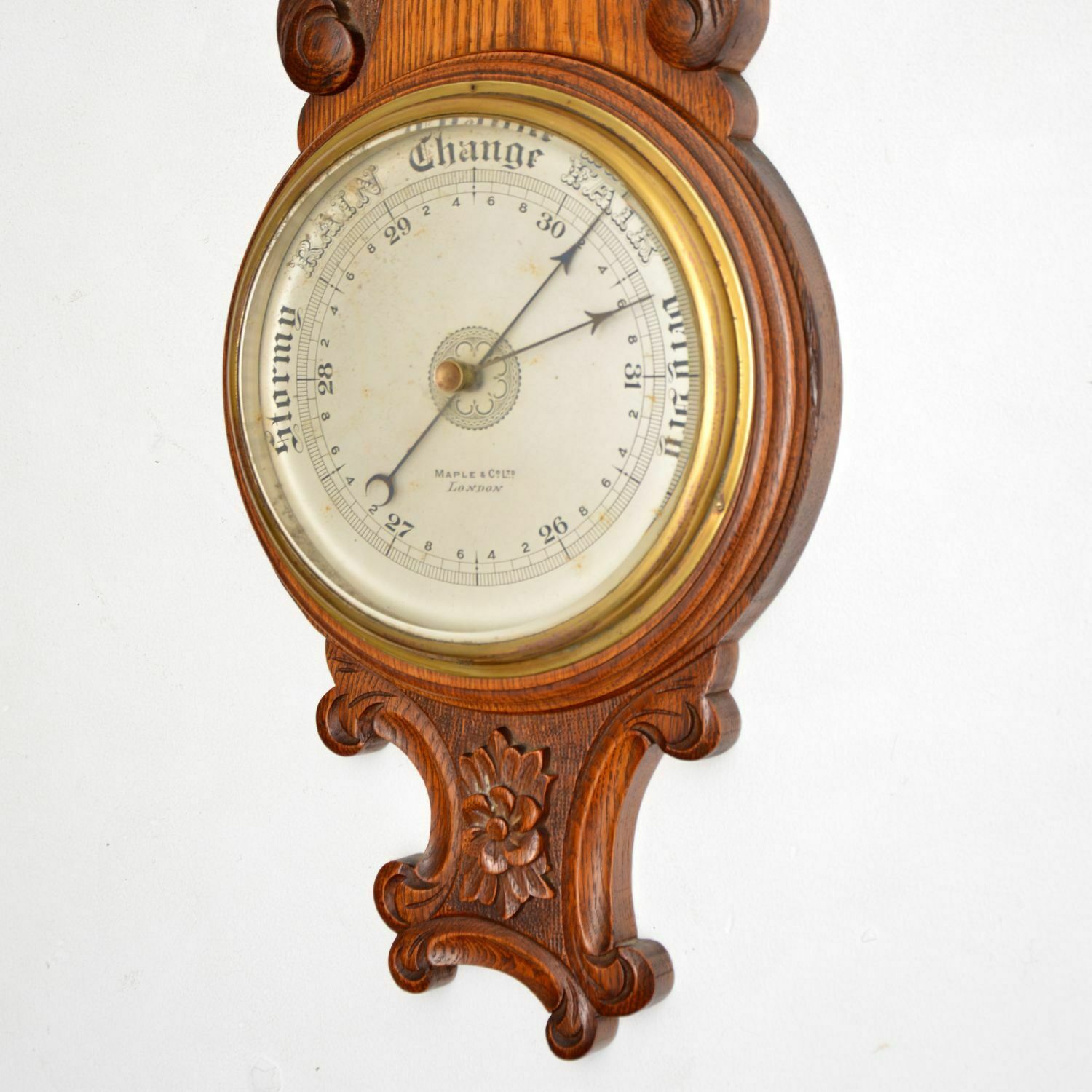 Antique Victorian Carved Oak Banjo Barometer By Maple & Co photo for sale