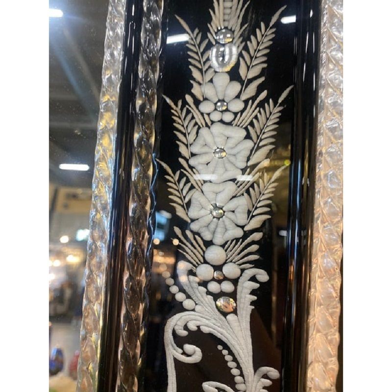 21st Century Venetian Black Floreal Hand Carving Wall Mirror In Murano Glass photo vinterior