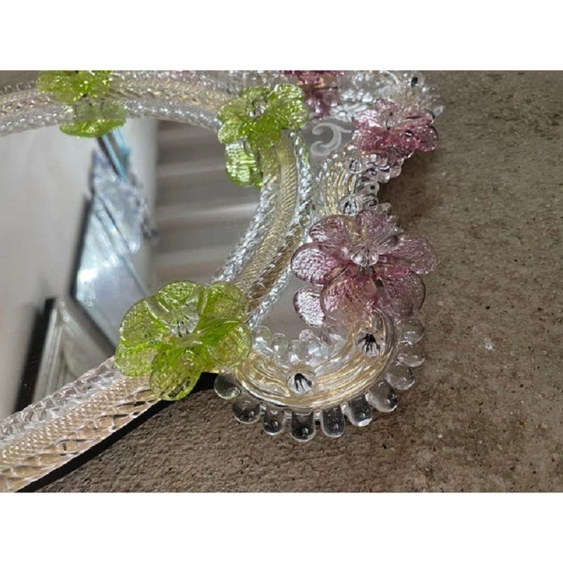 2000s Venetian Oval Green And Pink Floreal Hand Carving Mirror In Murano Glass Style photo for sale