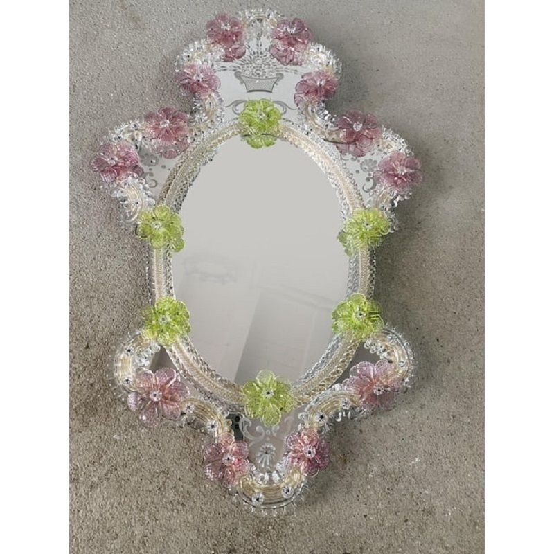 2000s Venetian Oval Green And Pink Floreal Hand Carving Mirror In Murano Glass Style photo 5800.0