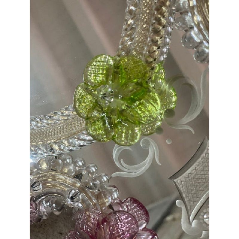 photo for sale 2000s Venetian Oval Green And Pink Floreal Hand Carving Mirror In Murano Glass Style