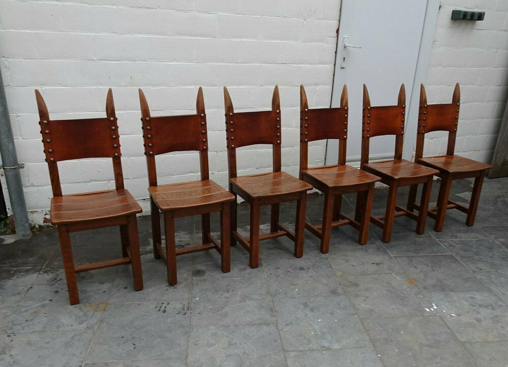 French Brutalist Oak And Leather Horn Form Chairs, 1970s, Set Of 6