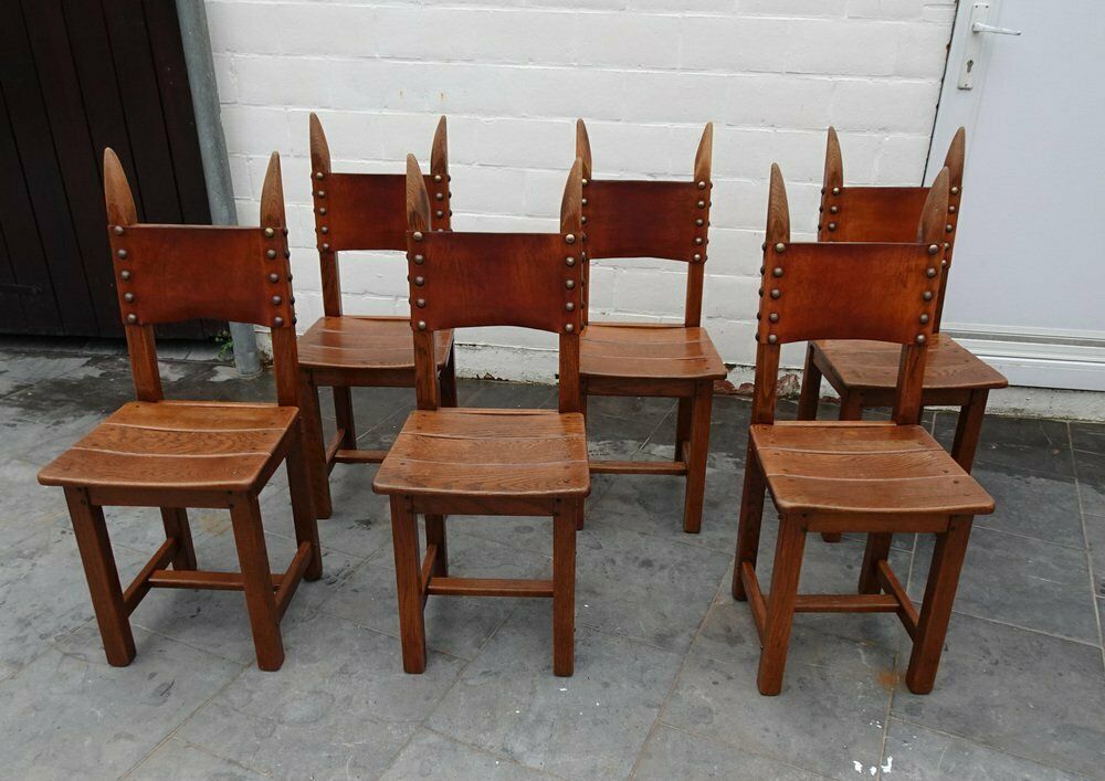 French Brutalist Oak And Leather Horn Form Chairs, 1970s, Set Of 6 photo Furniture