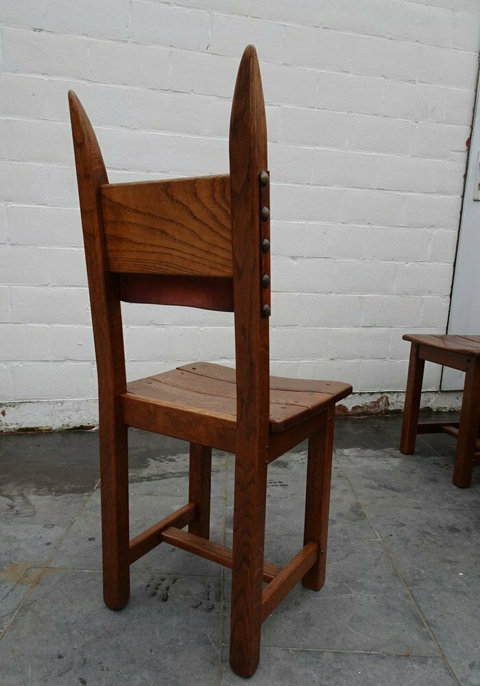 Furniture French Brutalist Oak And Leather Horn Form Chairs, 1970s, Set Of 6 photo