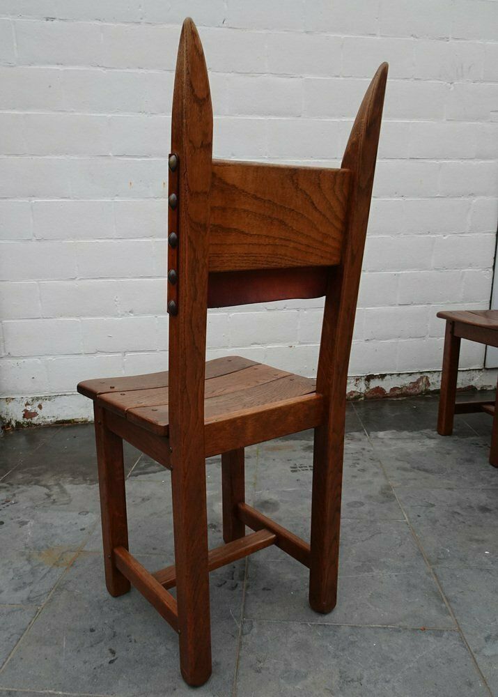 photo vinterior French Brutalist Oak And Leather Horn Form Chairs, 1970s, Set Of 6