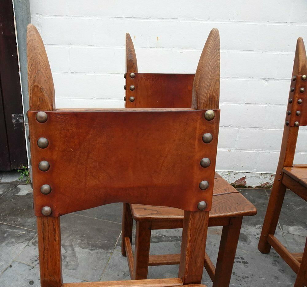 photo buy French Brutalist Oak And Leather Horn Form Chairs, 1970s, Set Of 6