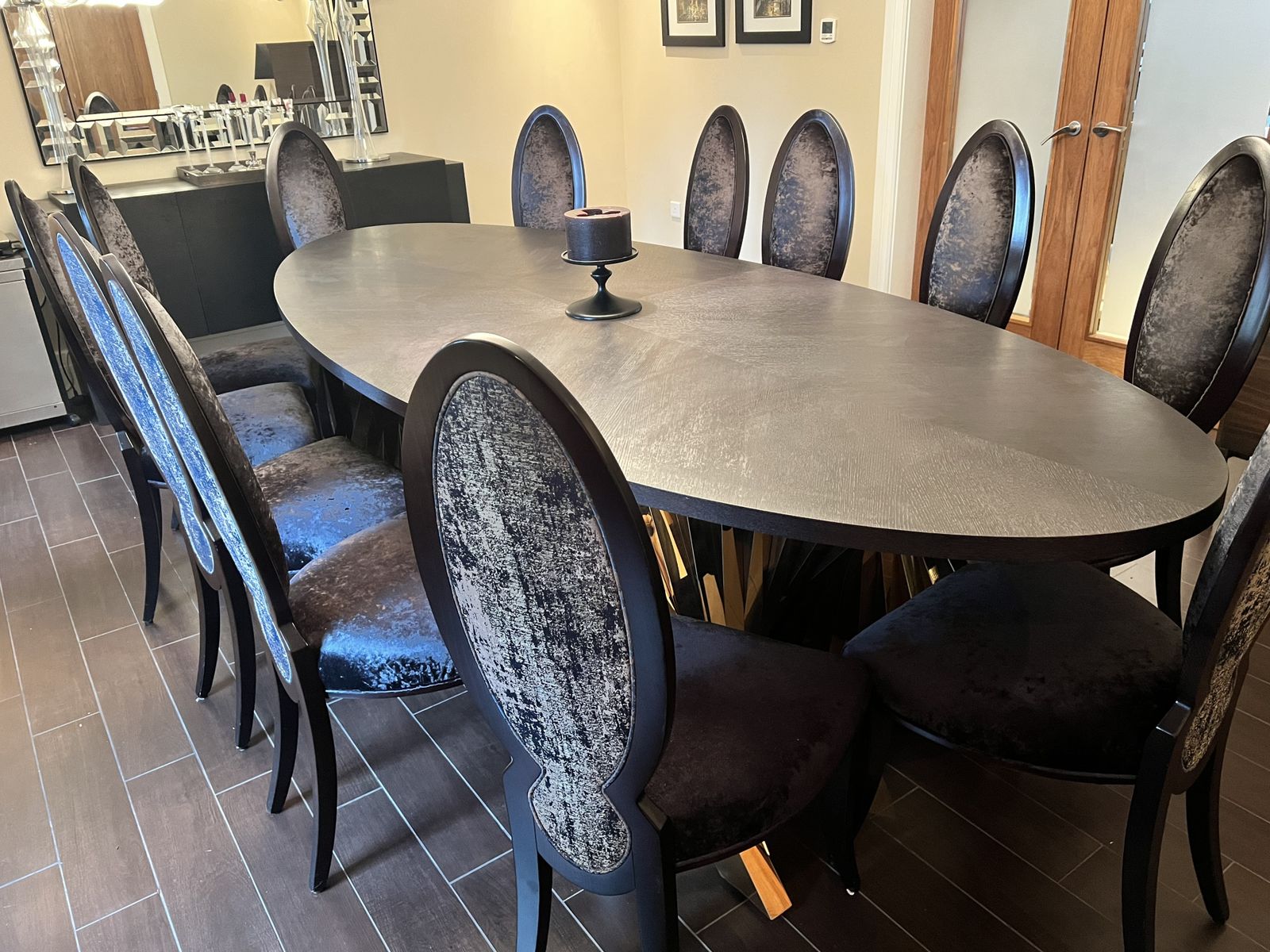 photo furniture Wychwood Black Oak Dining Table With 8 Tall Sumptuous Dining Chairs