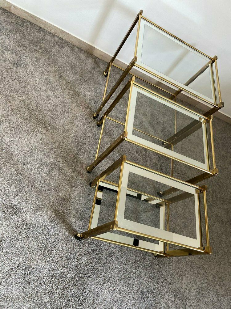 Nesting Tables In Brass And Glass, Italy, 1970, Set Of 3 photo vintage