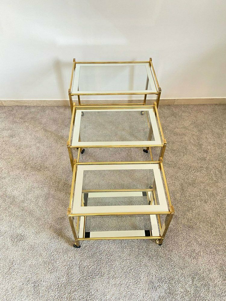 Furniture Nesting Tables In Brass And Glass, Italy, 1970, Set Of 3 photo