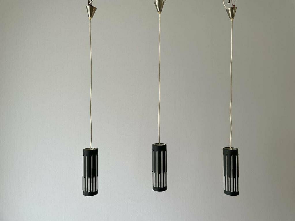 Modernist Cylinder Design Glass & Black Metal Pendant Lamp, 1960s, Italy photo furniture