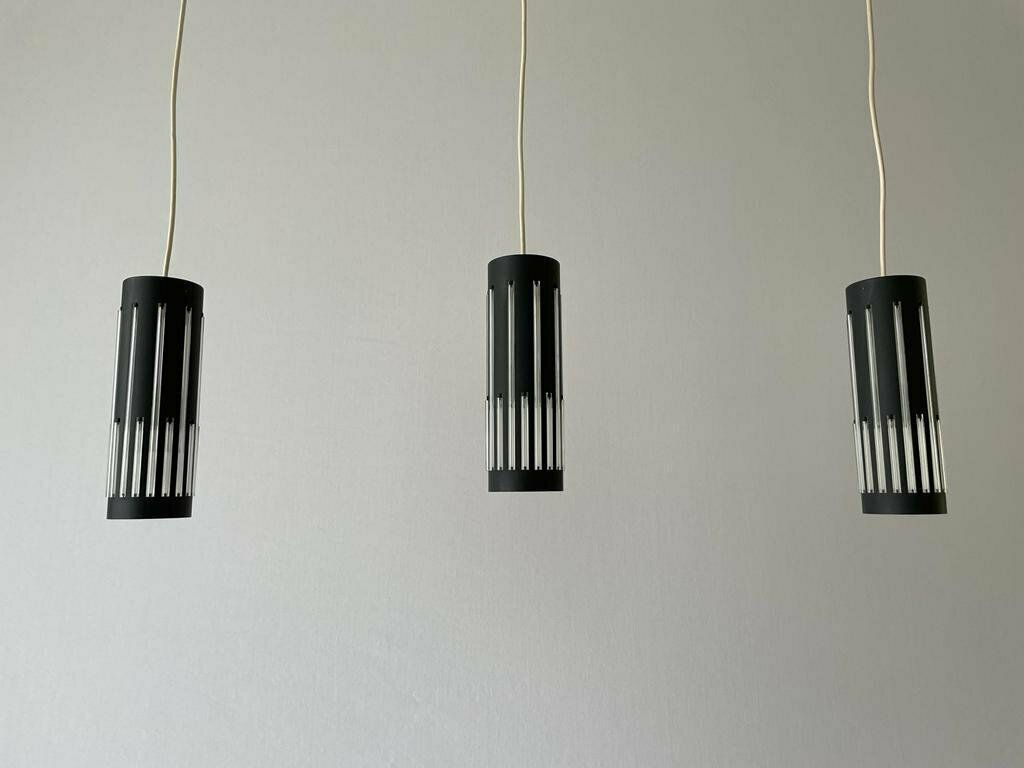 Modernist Cylinder Design Glass & Black Metal Pendant Lamp, 1960s, Italy photo for sale