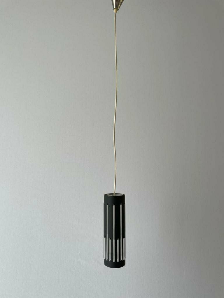 Modernist Cylinder Design Glass & Black Metal Pendant Lamp, 1960s, Italy photo vinterior