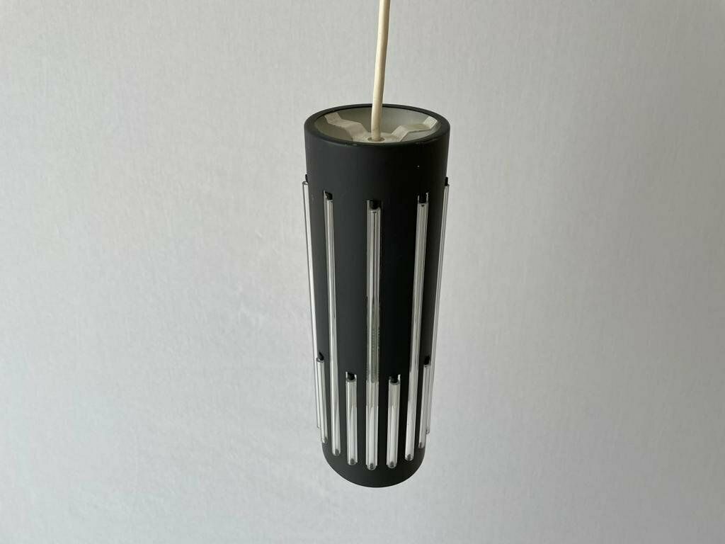 Modernist Cylinder Design Glass & Black Metal Pendant Lamp, 1960s, Italy photo vintage