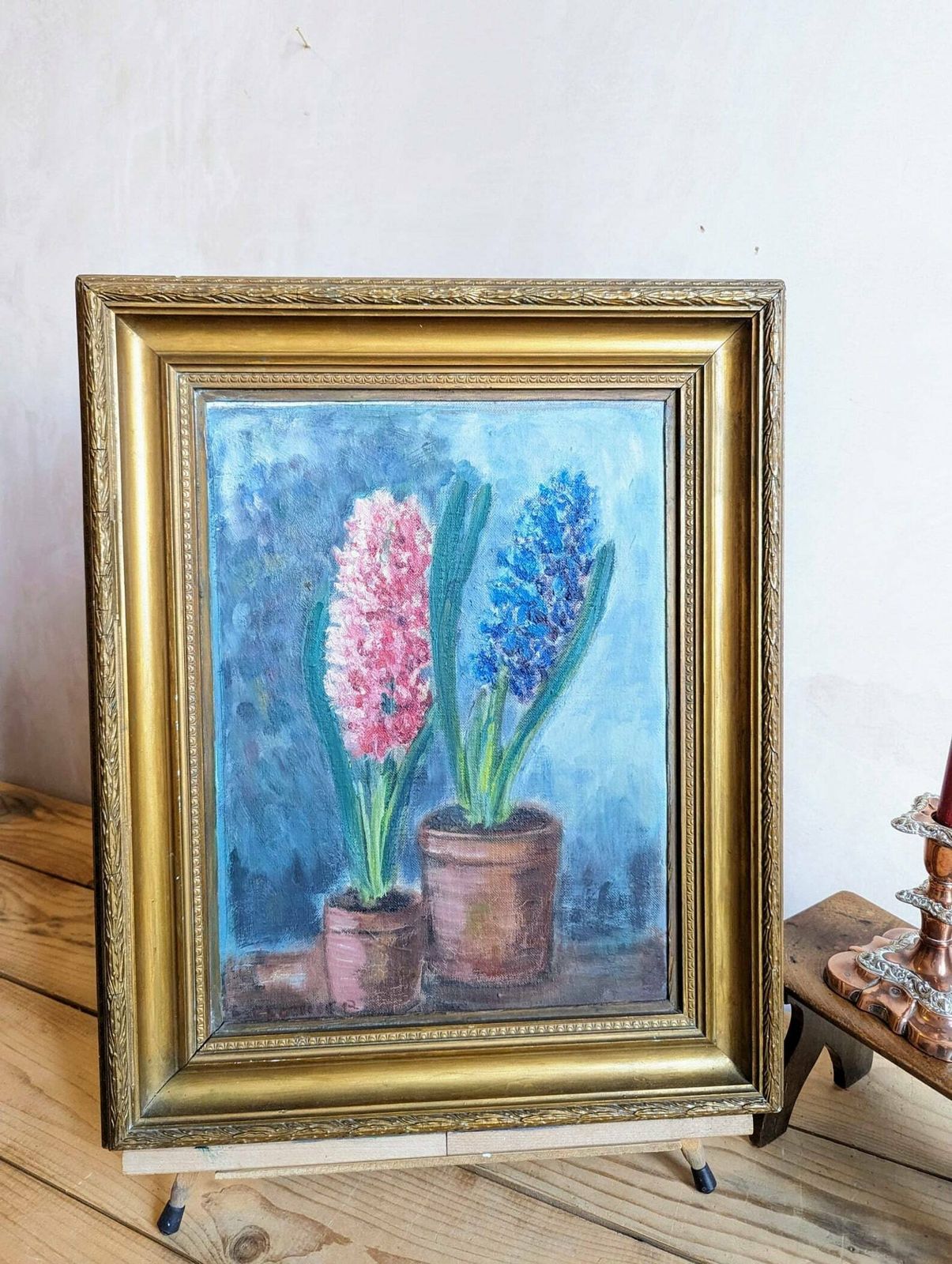 Vintage Floral Painting Oil Painting On Canvas   Floral Still Life Of Hyacinths In Period Frame photo furniture