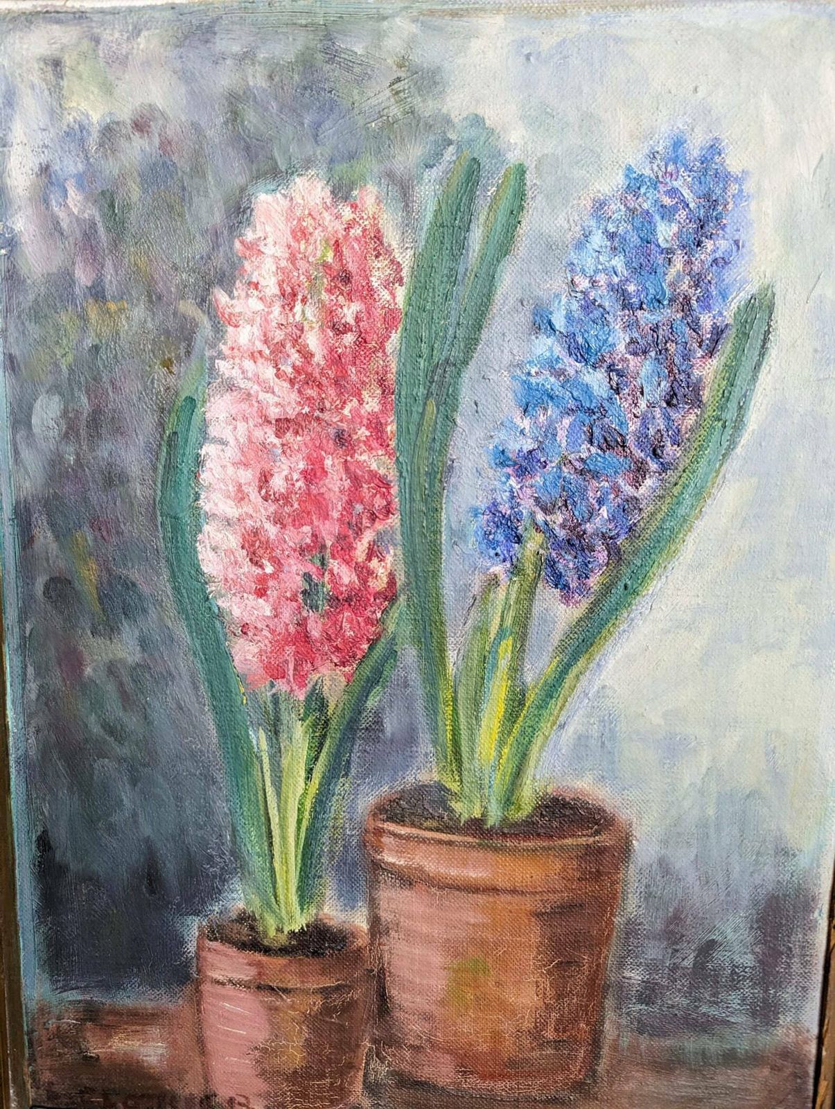 Vintage Floral Painting Oil Painting On Canvas   Floral Still Life Of Hyacinths In Period Frame photo Art