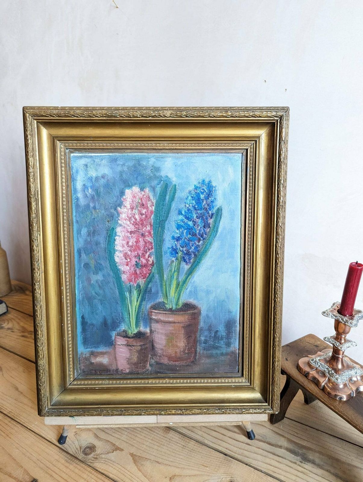 Vintage Floral Painting Oil Painting On Canvas   Floral Still Life Of Hyacinths In Period Frame photo vinterior