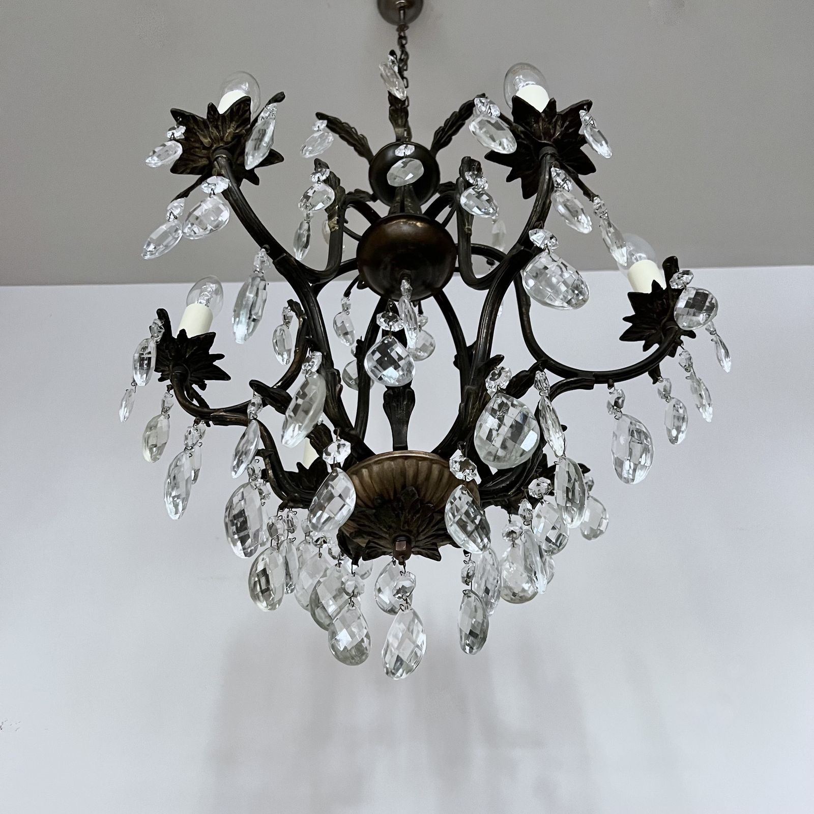 French Brass Birdcage Chandelier With Harlequin Glass Pear Drops photo Lighting