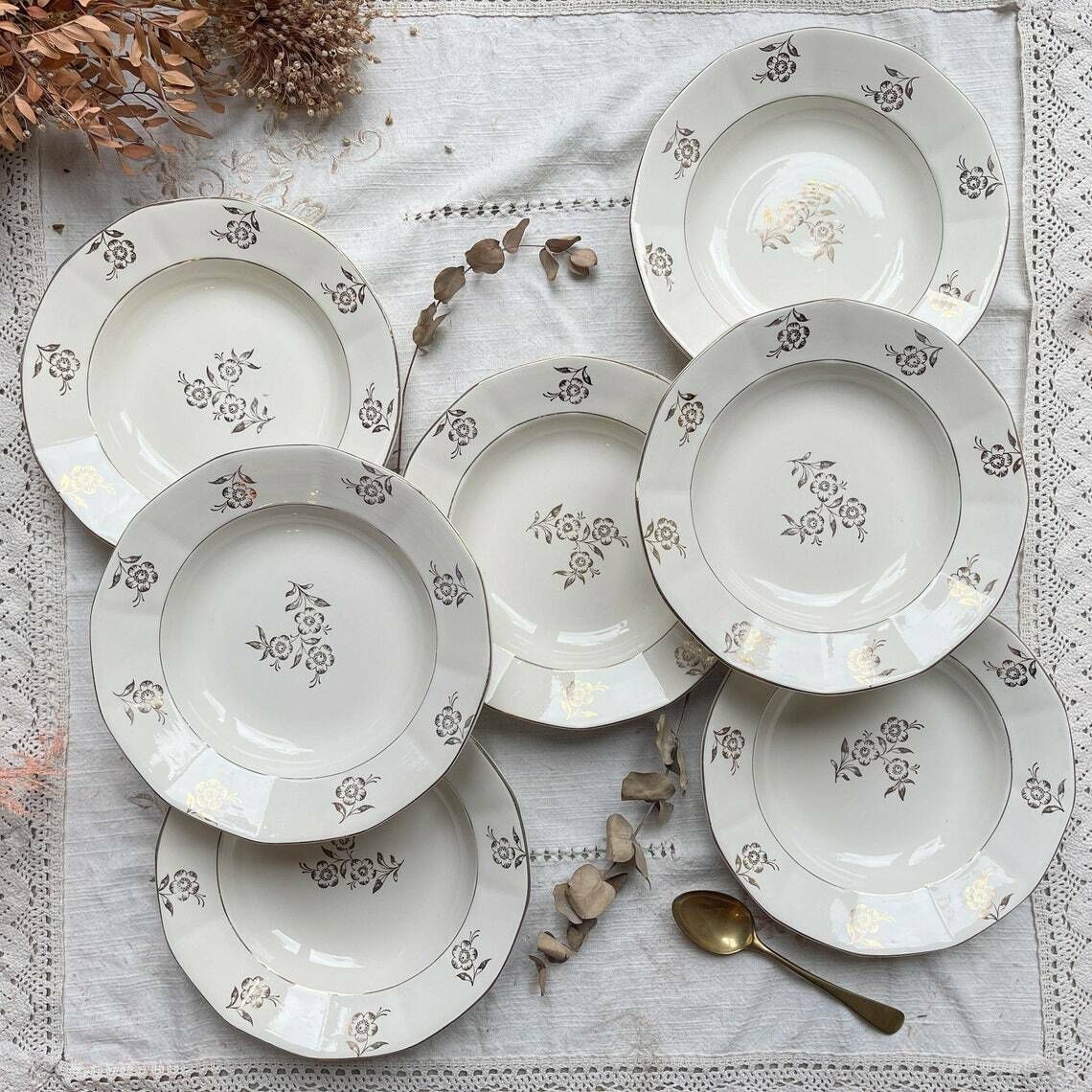 7 Vintage Porcelain Soup Plates Digoin Sarreguemines Model Raphael Golden Flower Pattern  Vintage Tableware  Golden Soup Plate