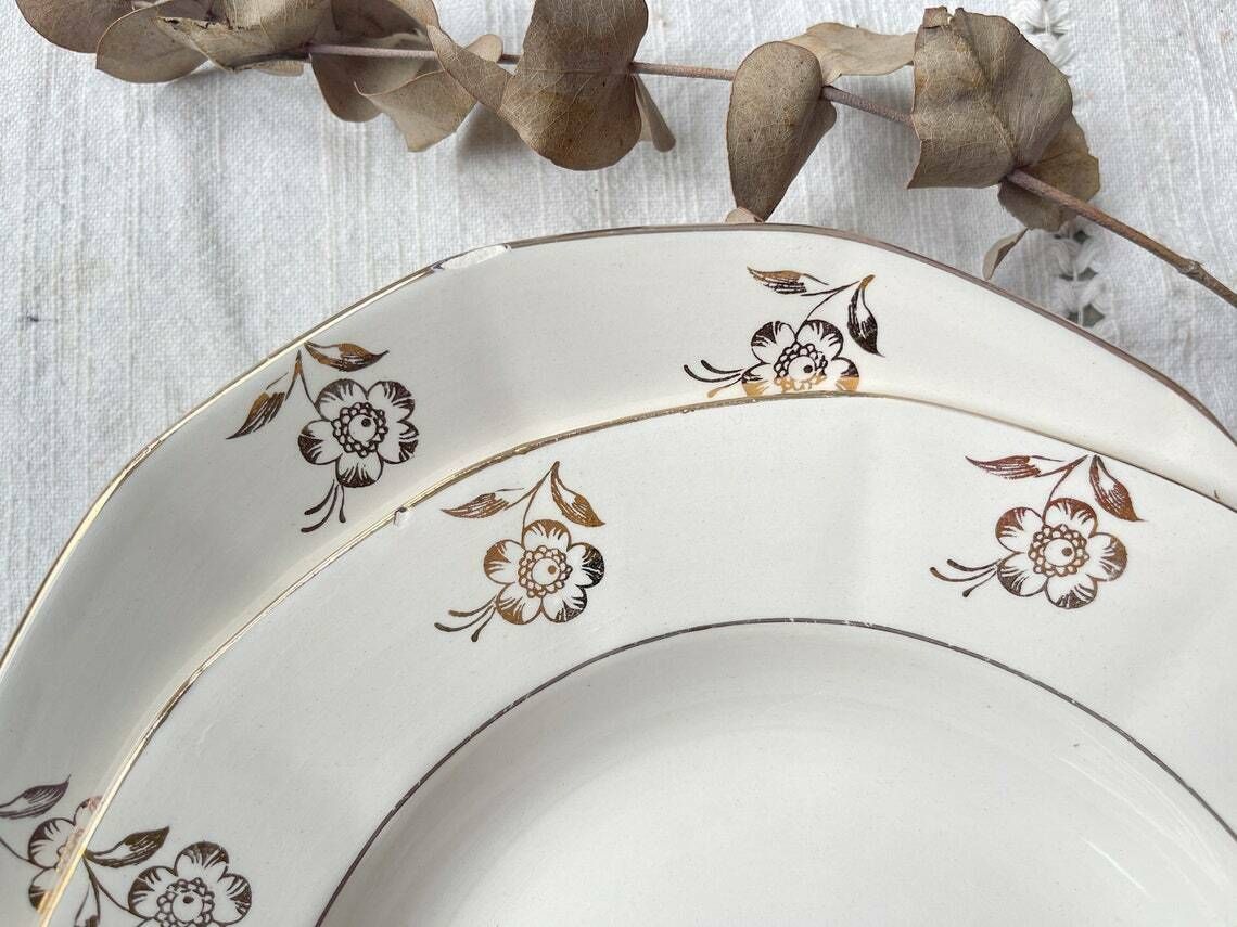 7 Vintage Porcelain Soup Plates Digoin Sarreguemines Model Raphael Golden Flower Pattern  Vintage Tableware  Golden Soup Plate photo 76.0