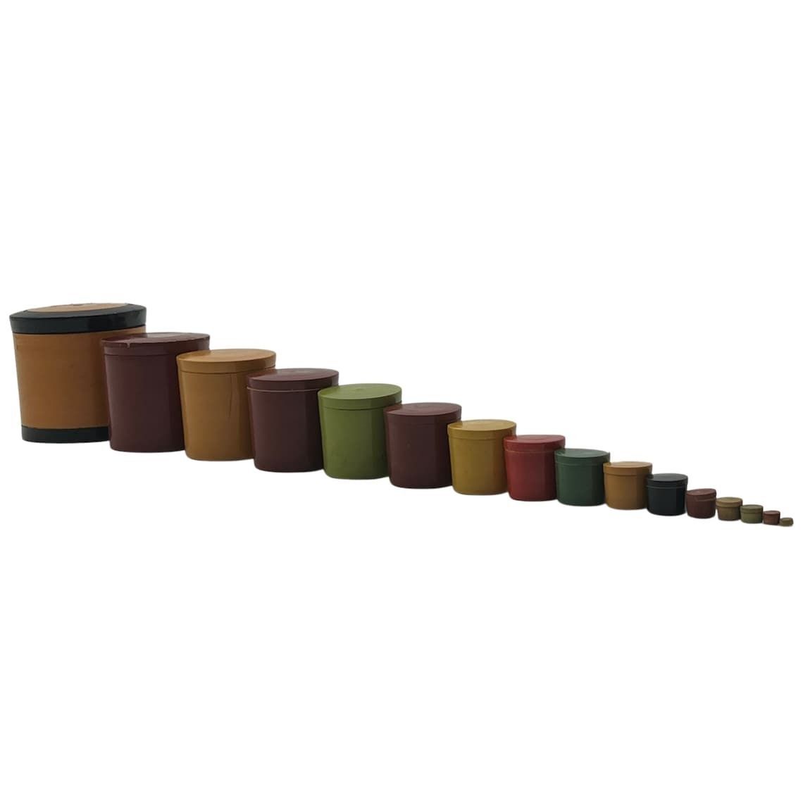 Antique Set Of Wooden Pots And Lids   Russian Doll Style   18 Pots   16 Lids   Treen photo for sale