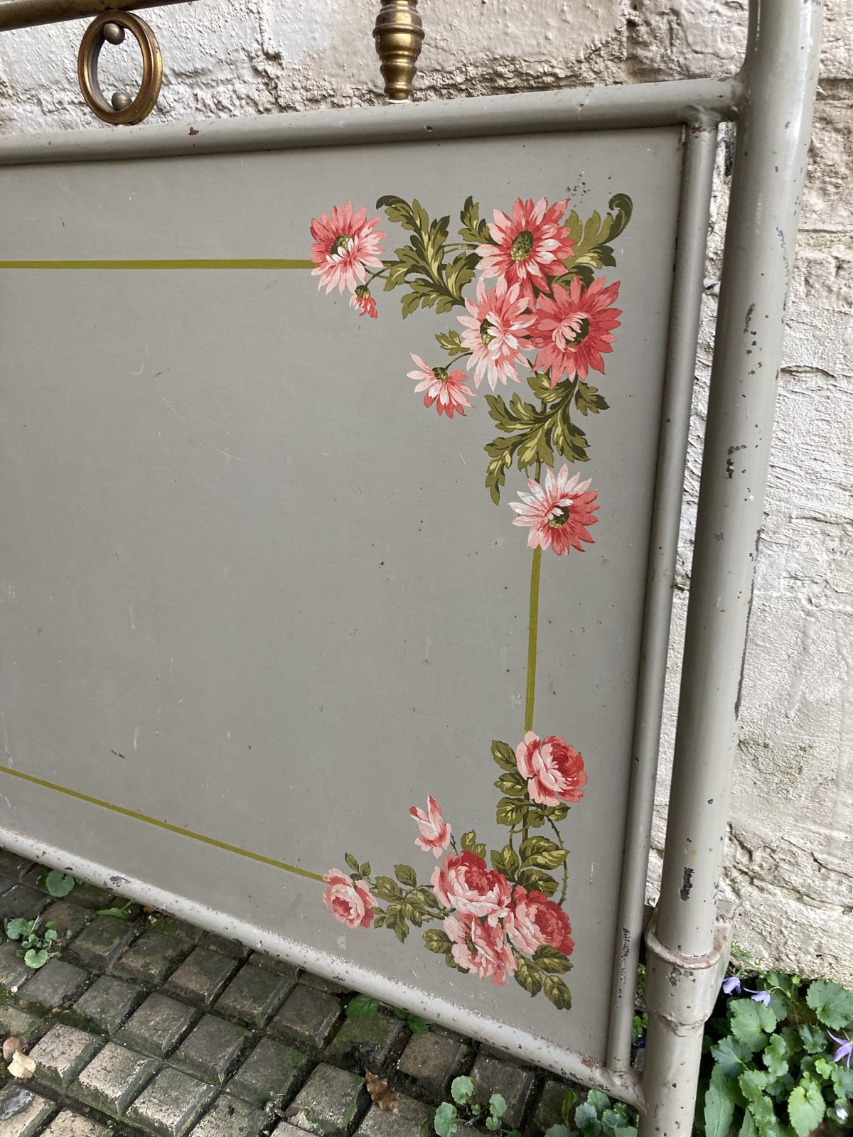 Charming French Steel And Brass Bed With Hand Painted Flora Detail And Pinstriping photo vintage