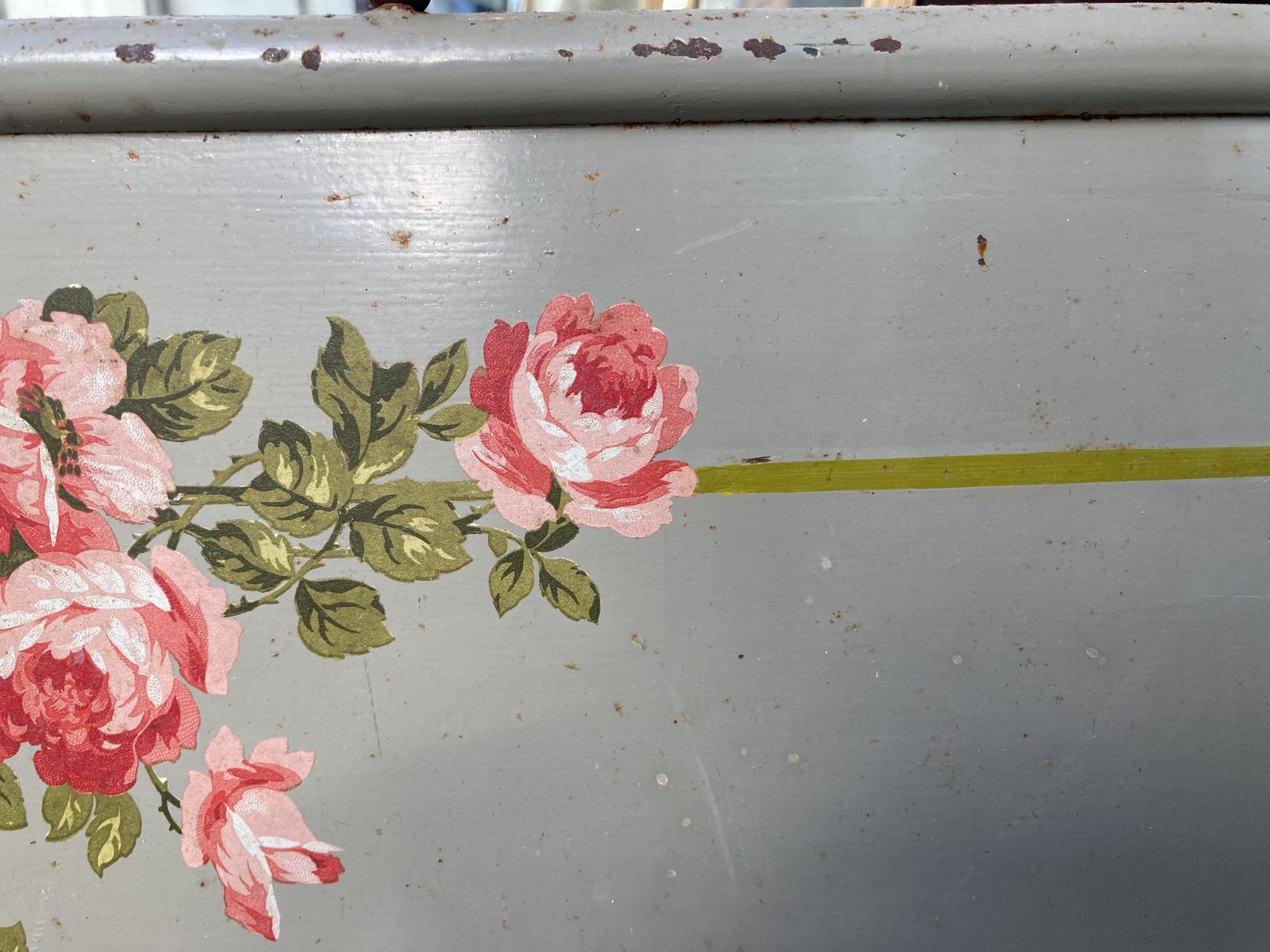 Furniture Charming French Steel And Brass Bed With Hand Painted Flora Detail And Pinstriping photo