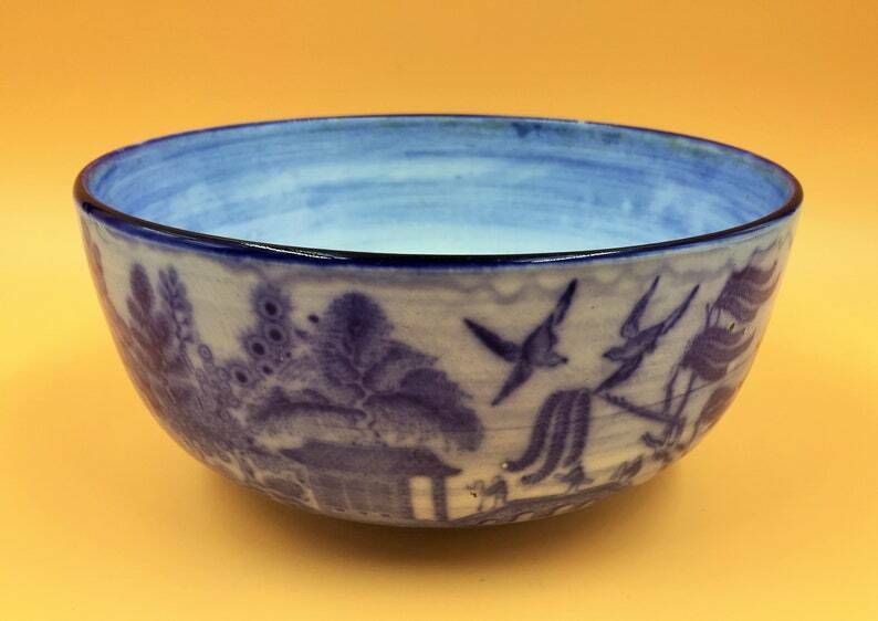 Antique Minton Pottery Flow Blue Willow Pattern Large Bowl. C1891 1912.