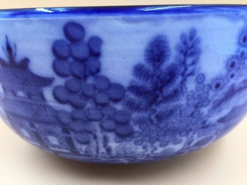 Antique Minton Pottery Flow Blue Willow Pattern Large Bowl. C1891 1912. photo vinterior