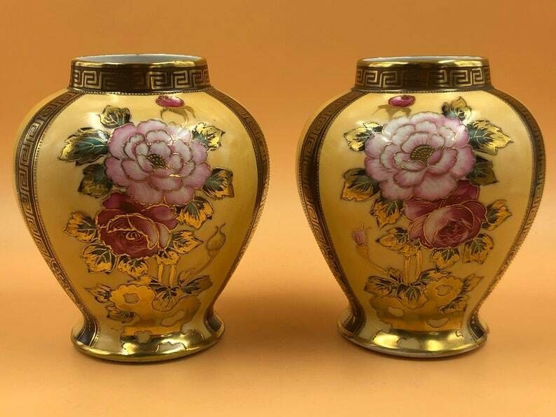 Pair Antique Noritake Maruki (Komaru) Highly Decorated Vases. Height 5.5". photo 125.0