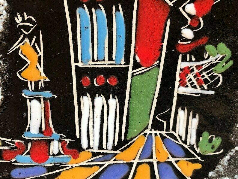Mcm Augusto Giulianelli Italian San Marino Fat Lava / Enamel Hand Painted 3 Footed Dish / Wall Plaque. photo for sale