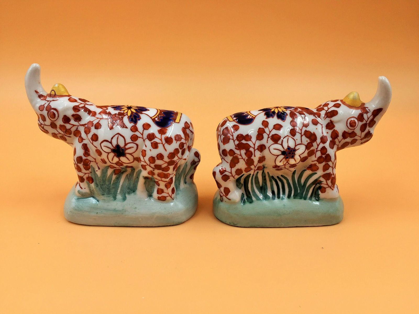 Pair Signed Antique Chinese Porcelain Imari Rhino Figurines By Yayou Zhen Cang. photo for sale