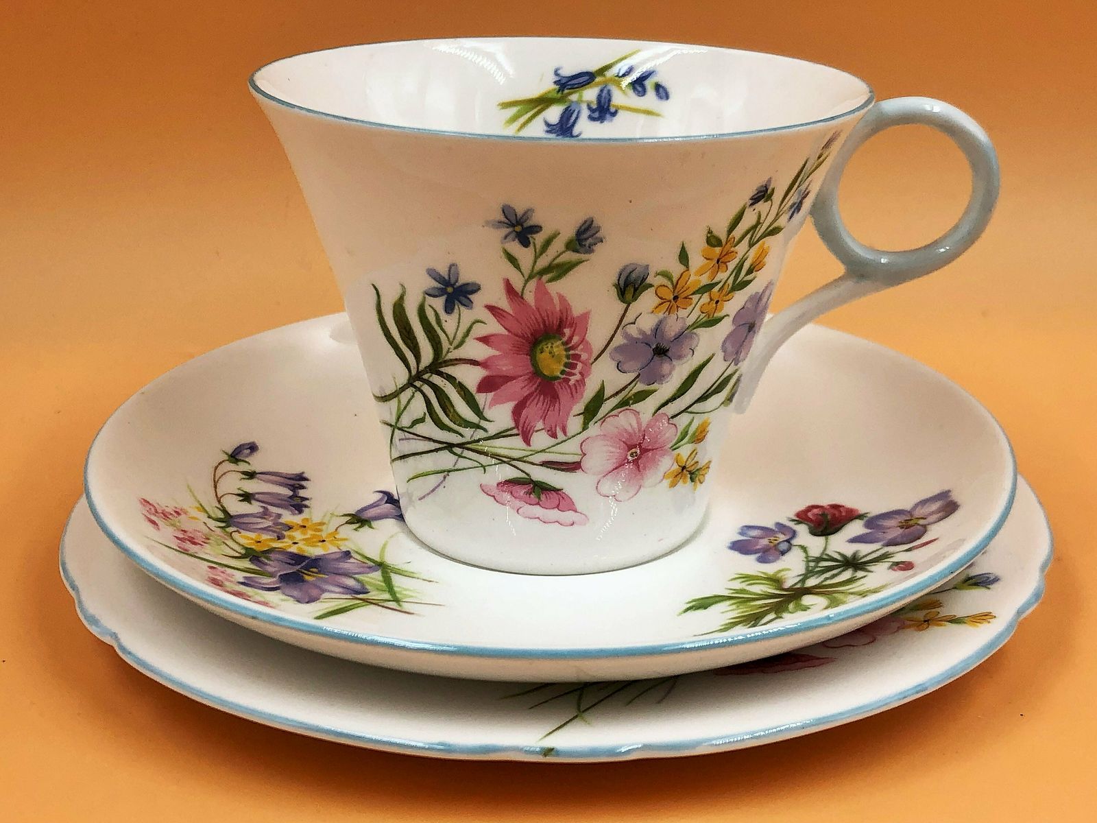 Shelley China Wild Flowers Regent Shape Tea Cup, Saucer And Side Plate Trio. 13668. C1935. photo furniture