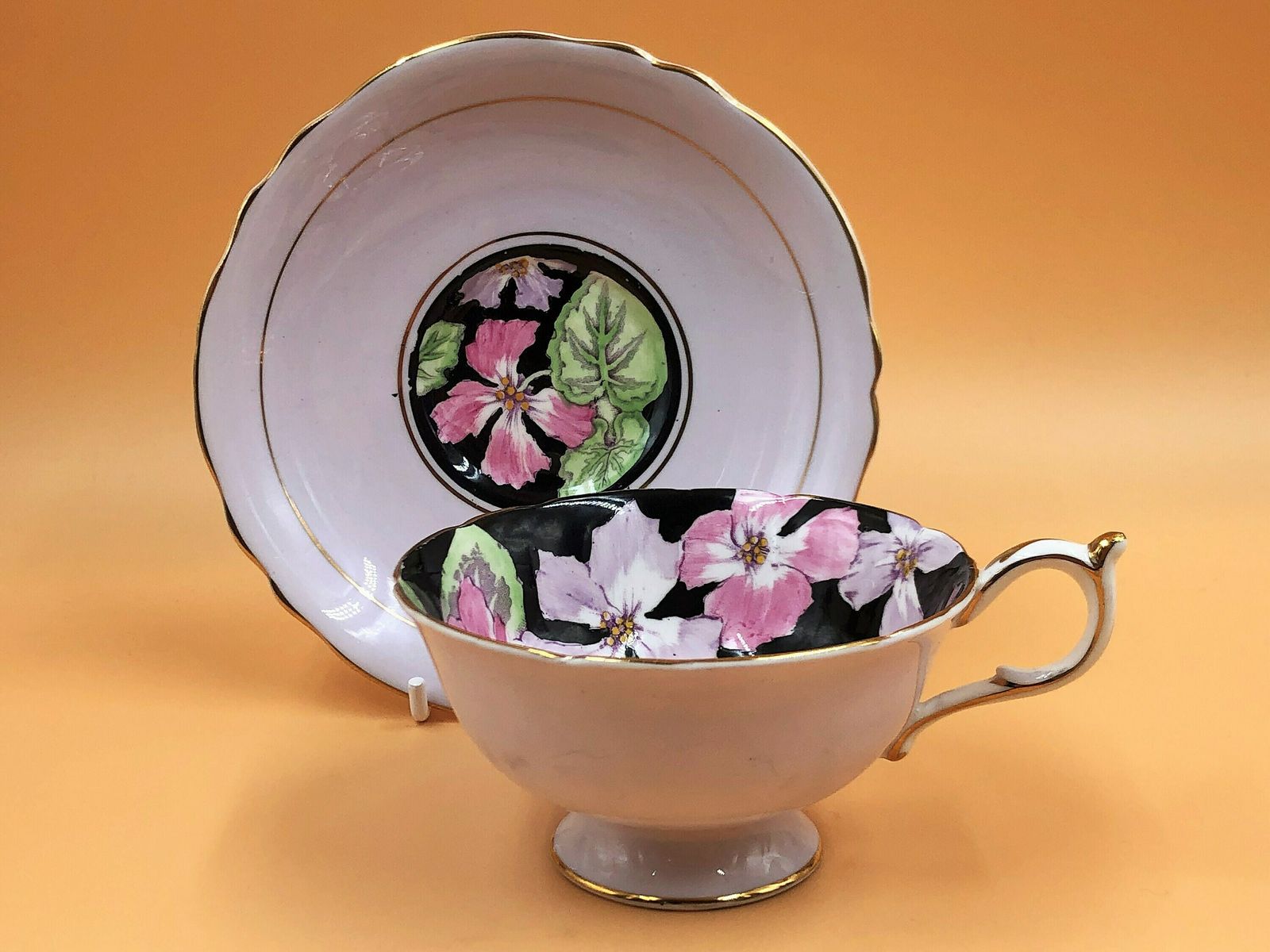 Paragon China Double Warranty Queen Mary Primrose Black Background On Pink Chintz Tea Cup And Saucer Duo. No. 7656.   Free Uk Post photo furniture