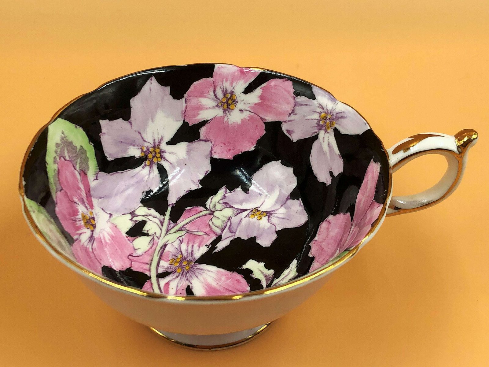 Paragon China Double Warranty Queen Mary Primrose Black Background On Pink Chintz Tea Cup And Saucer Duo. No. 7656.   Free Uk Post photo 175.0