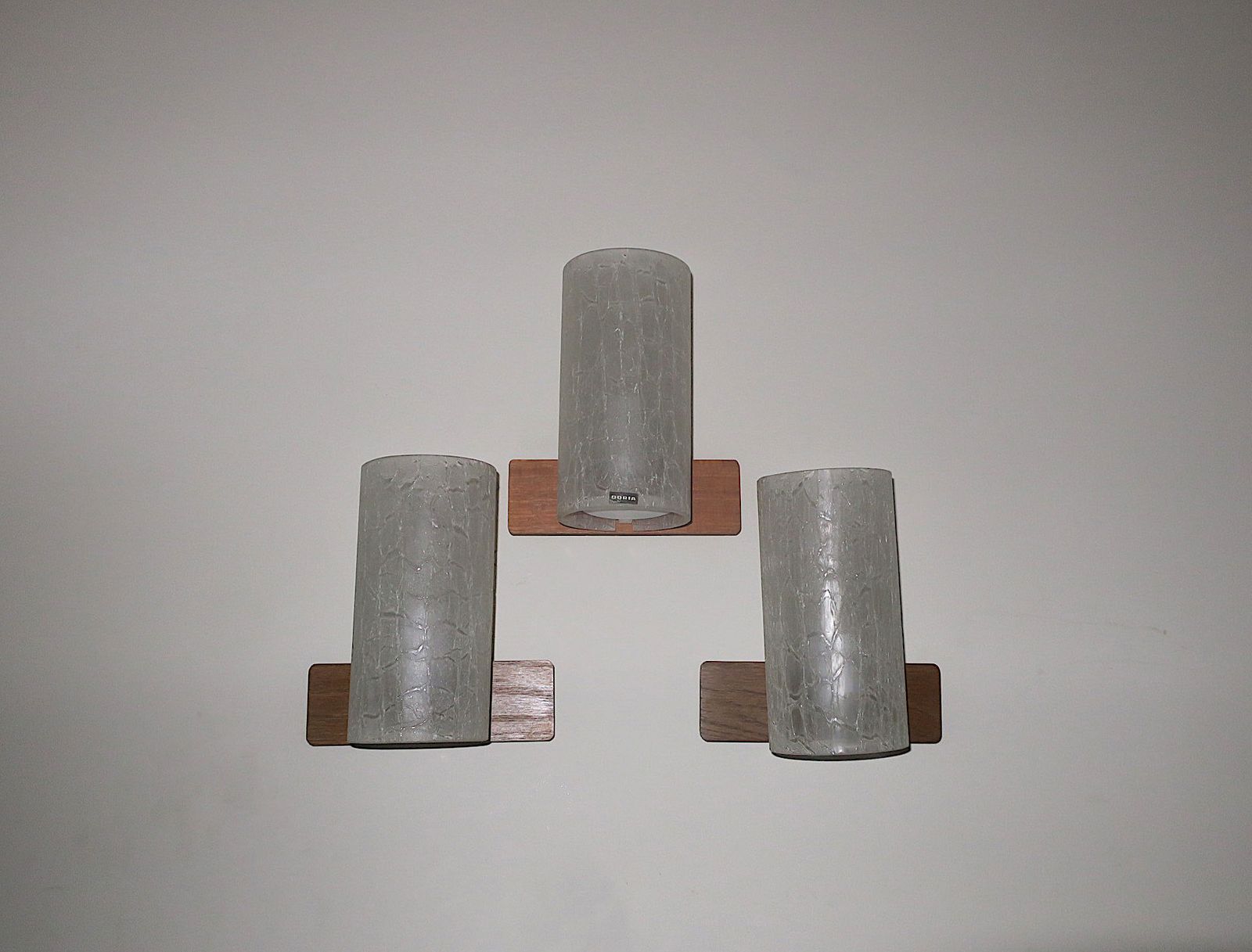 Set Of 3 Doria Frosted Crackled Glass And Teak Wall Lights, 1960s photo vinterior