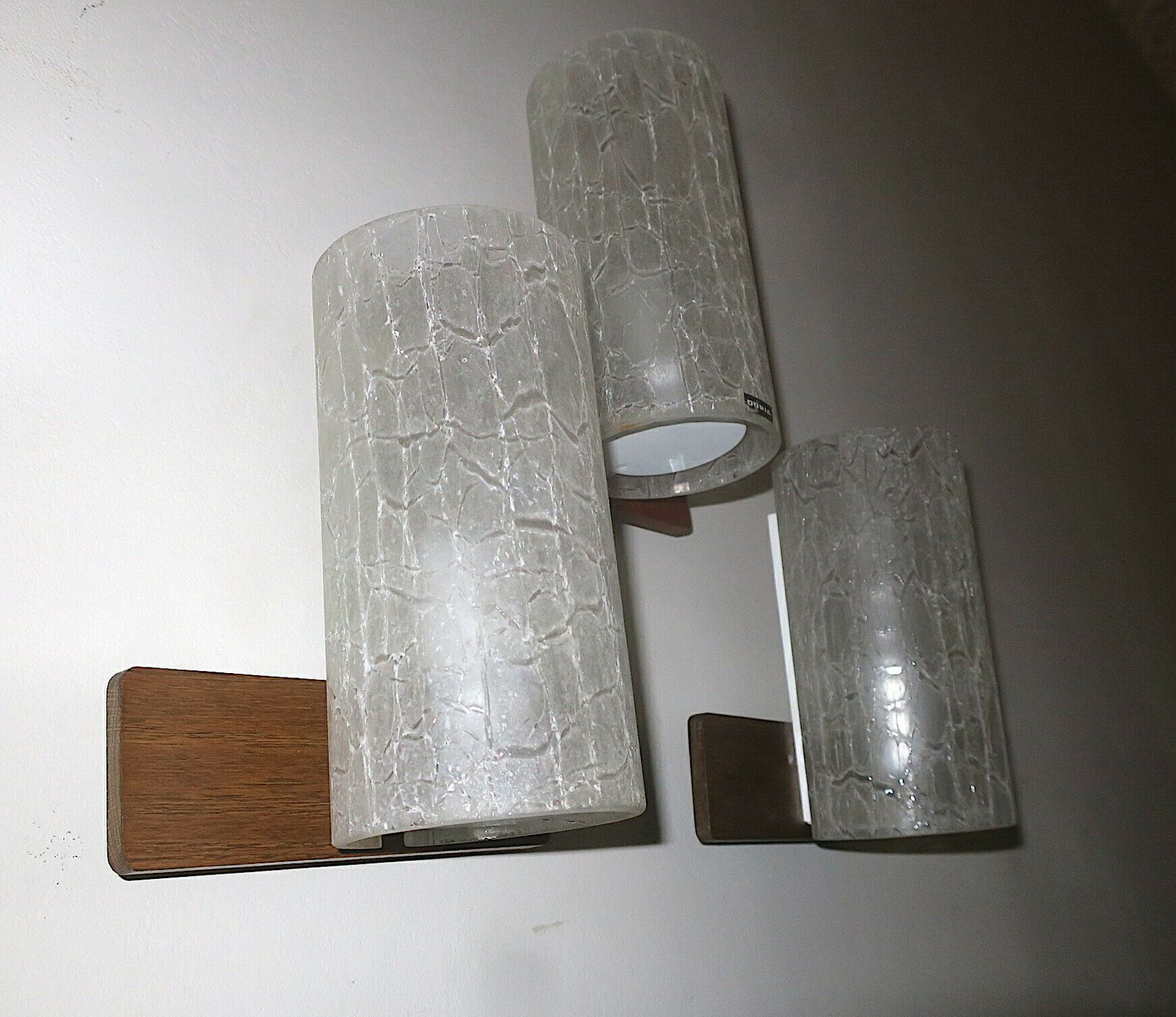Set Of 3 Doria Frosted Crackled Glass And Teak Wall Lights, 1960s photo vintage