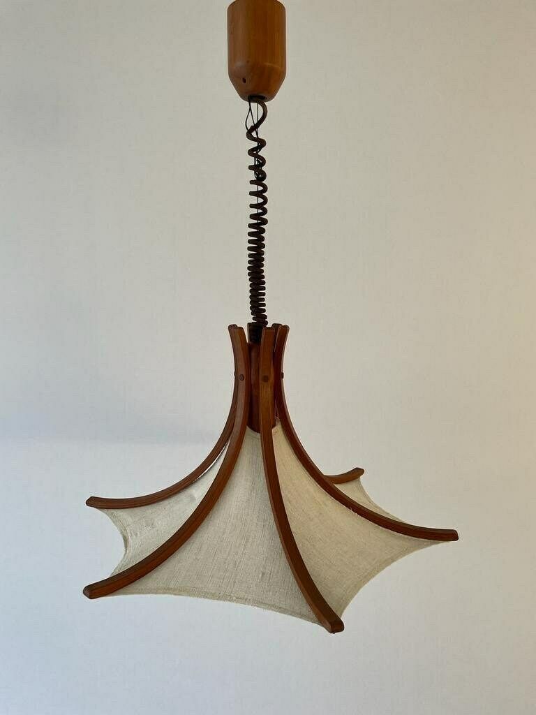 Linen And Wood Adjustable Height Pendant Lamp By Domus, 1980s, Italy photo for sale