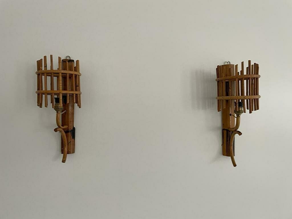 Italian Mid Century Bamboo Pair Of Wall Lamps, 50s/60s, Italy photo 1186.0
