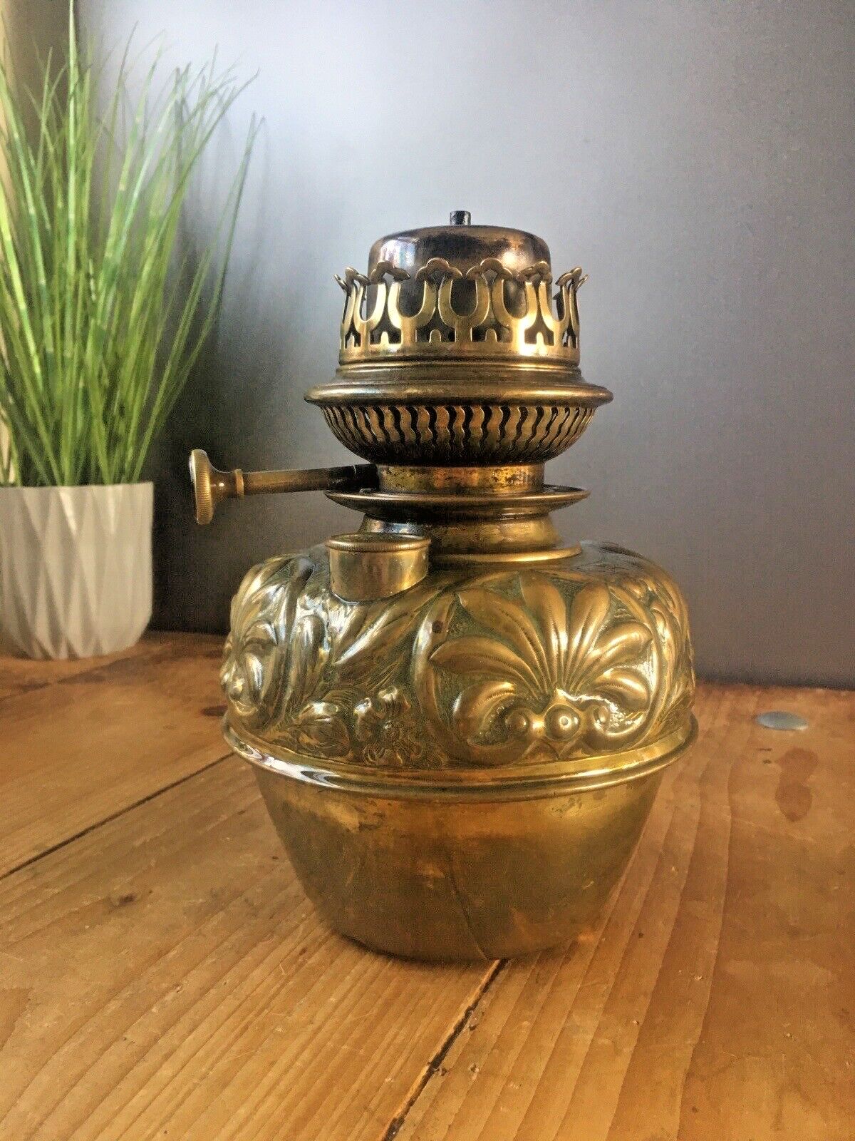 Antique Thermidor Improved Lampe Belge Floral Brass Oil Lamp Base Lantern Light