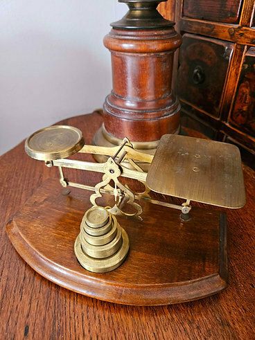 Antique Set Of Postal Or Letter Scales In Oak & Brass