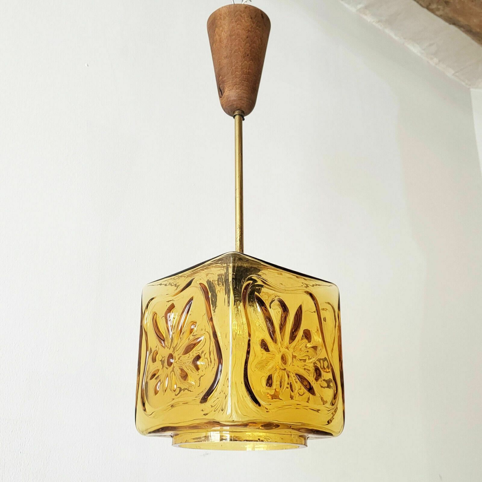 Vintage Scandinavian Glass Pendant Chandelier 1960 Brass And Teak 60s 1960s