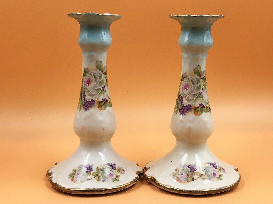 Pair Of Antique Limoges P & P Paroutaud Freres Porcelain Candlesticks. C1900.