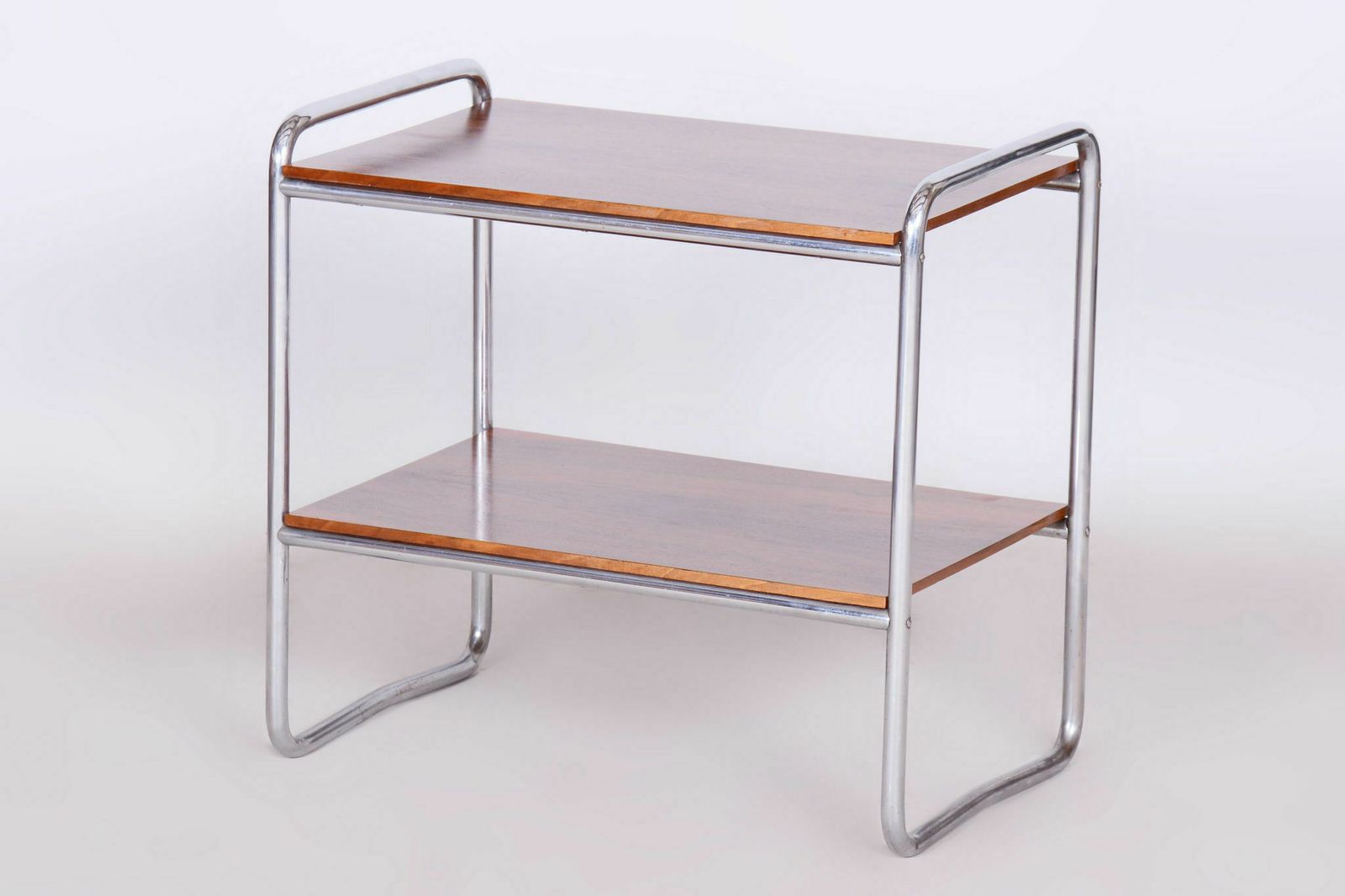 Restored Bauhaus Side Table, Walnut, Chrome Plated Steel, Czech, 1930s