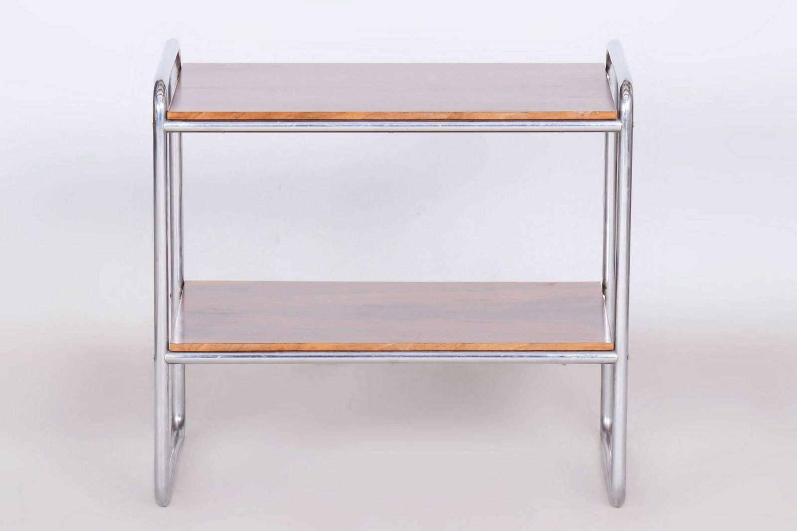 Restored Bauhaus Side Table, Walnut, Chrome Plated Steel, Czech, 1930s photo 800.0