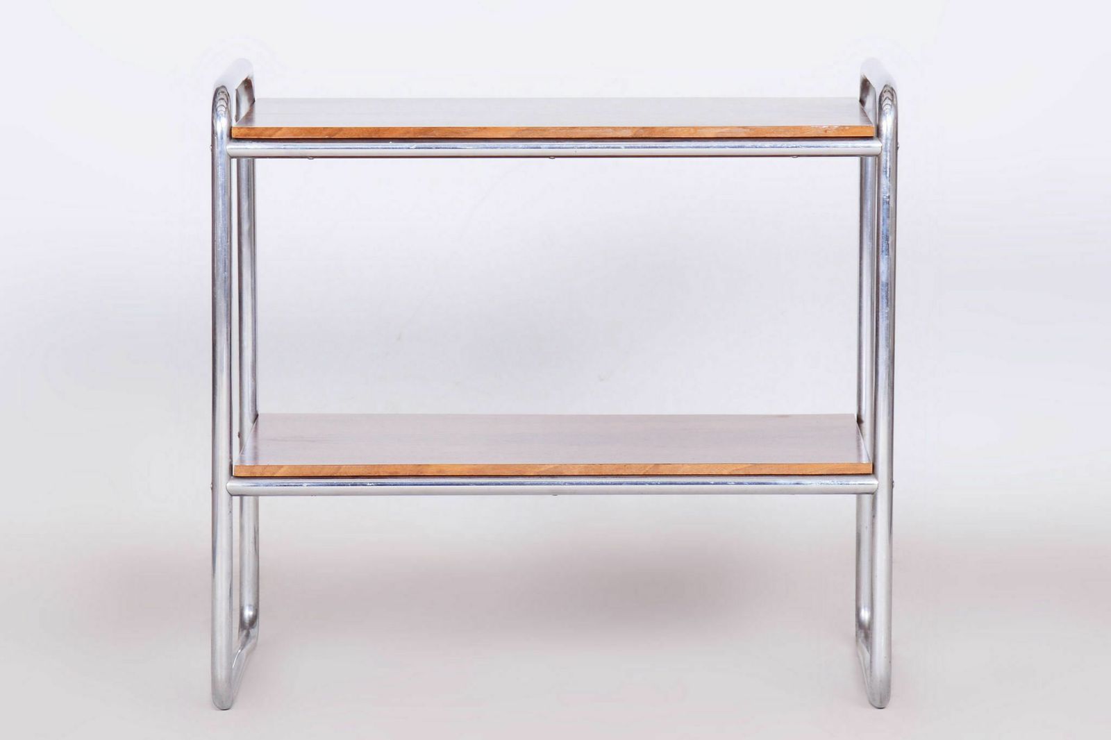 Restored Bauhaus Side Table, Walnut, Chrome Plated Steel, Czech, 1930s photo vinterior