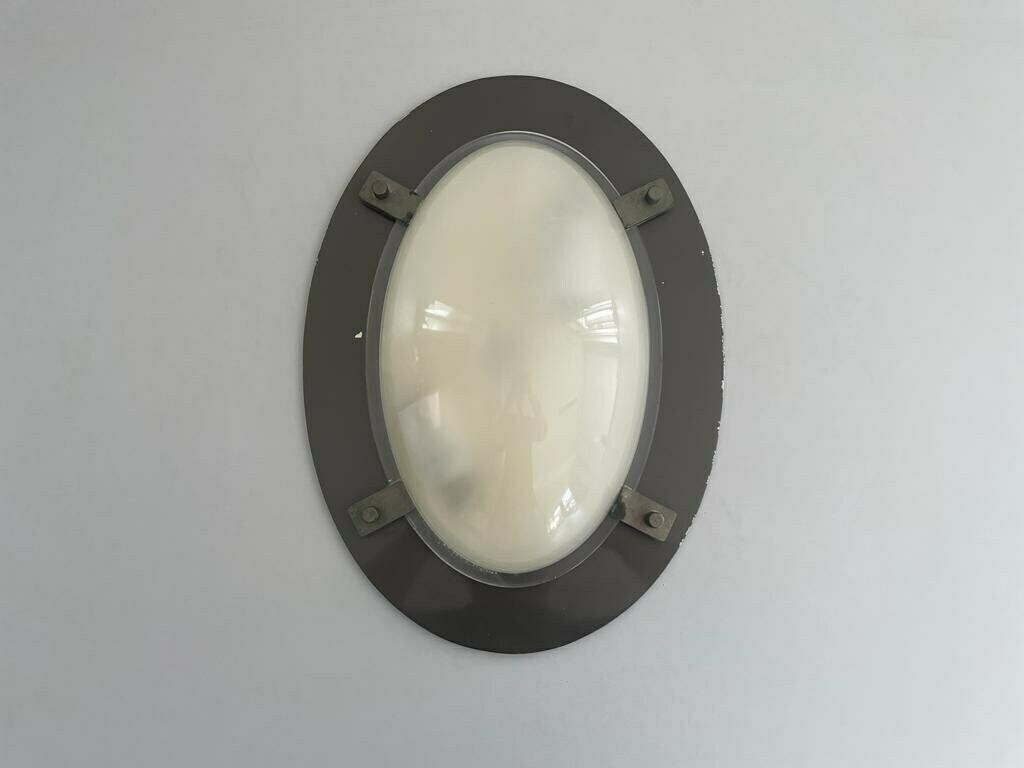 Italian Oval Glass & Black Backplate Industrial Wall Or Ceiling Lamp, 1960s, Italy photo Lighting